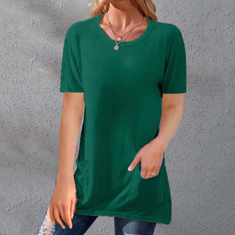 Summer Women's T-shirt Solid Color Tops Short Sleeve Loose Crew Neck Pocket T-shirt 5XL green
