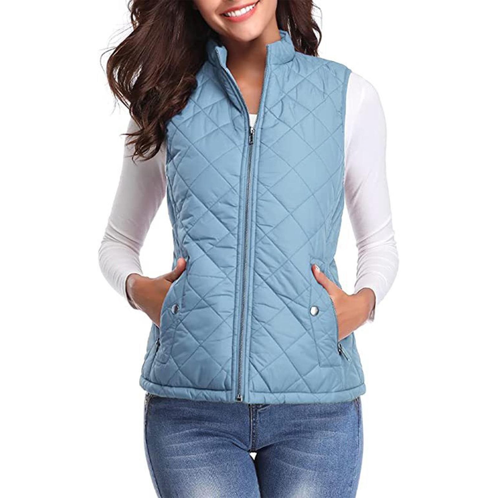 Women's Fashion Casual Solid Color Stand Collar Zipper Pocket Warm Cotton Vest Coat XL light blue