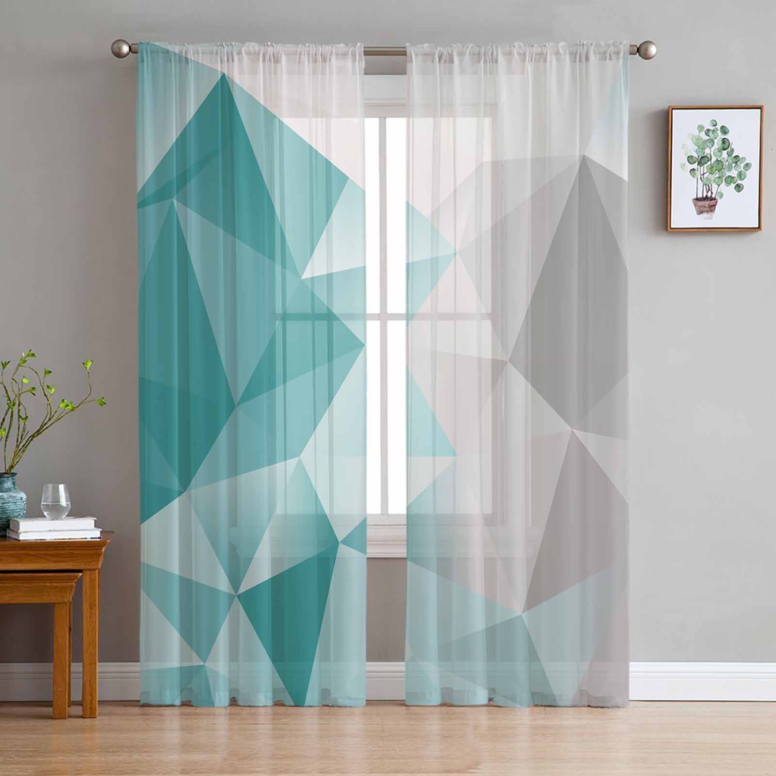 Abstract Gradient Blue-Green Gray Triangle Window Tulle Curtains for Living Room Bedroom Hotel Luxury Decoration Sheer Curtains 135W x 114H(cm)