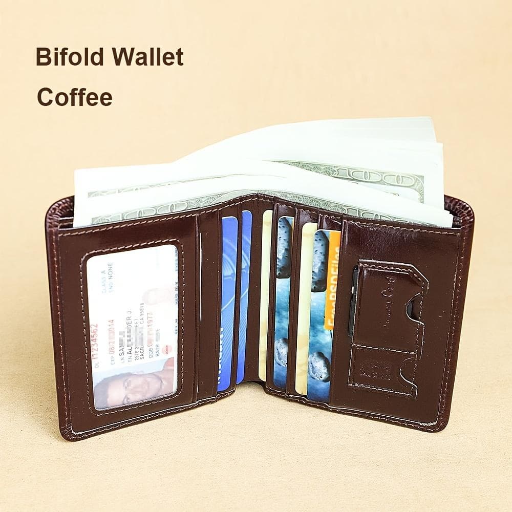 Men's Vintage Genuine Leather Wallet, Oil Wax Top Layer Cowhide RFID Blocking Bilfold Vintage Wallet with ID Windows, Gift for Men coffee