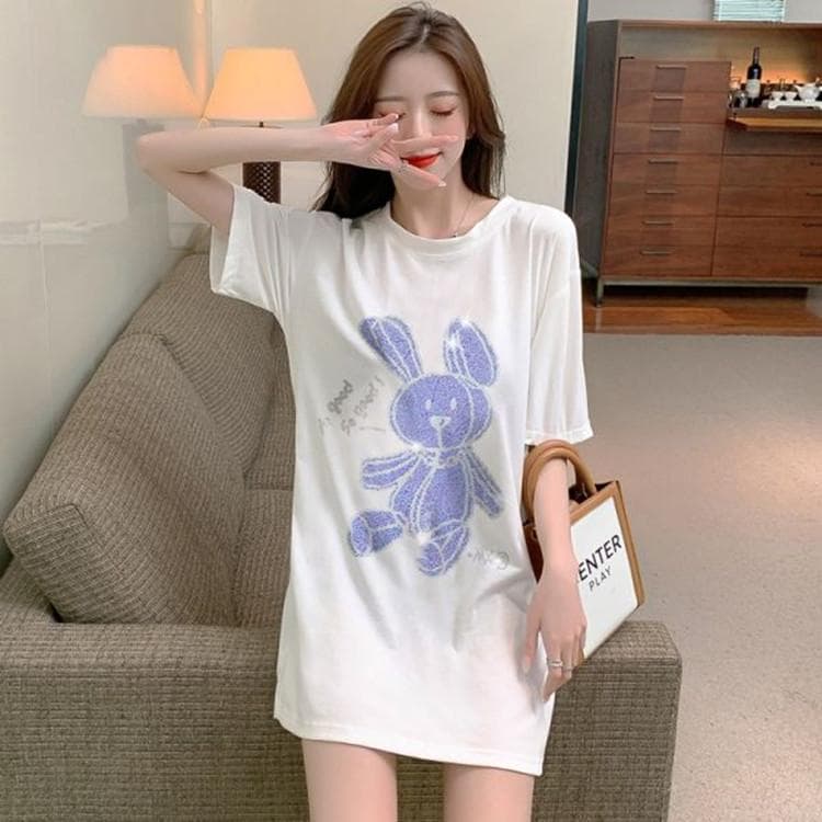 Heavy Industry Rabbit Iron Diamond Short Sleeve T-shirt for Women's Summer New Loose Large Size Half Sleeve Top XXXL white