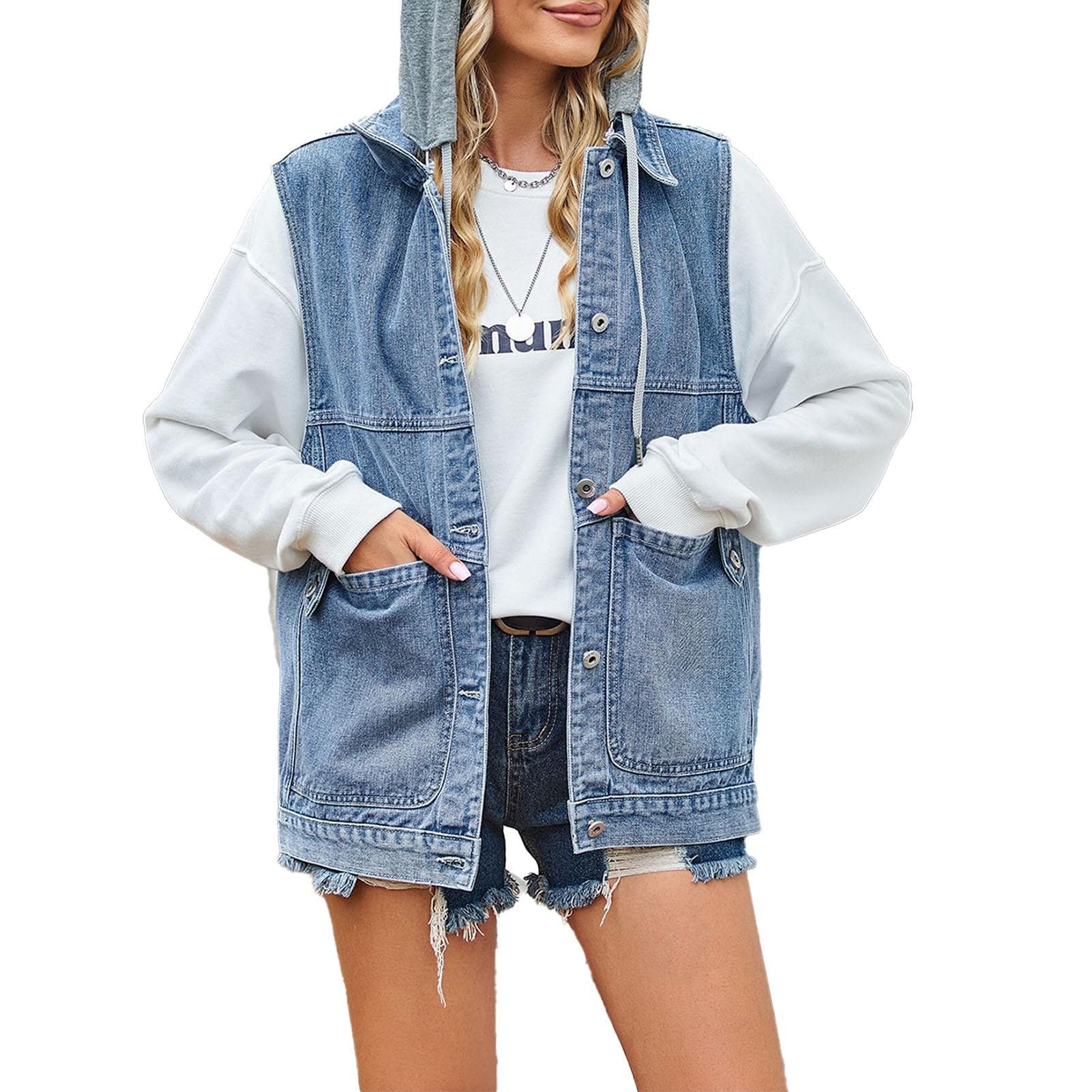 Women Pure Color Denim Vest with Detachable Hood Casual Plain Color Female Hooded Denim Vest Blue L L blue