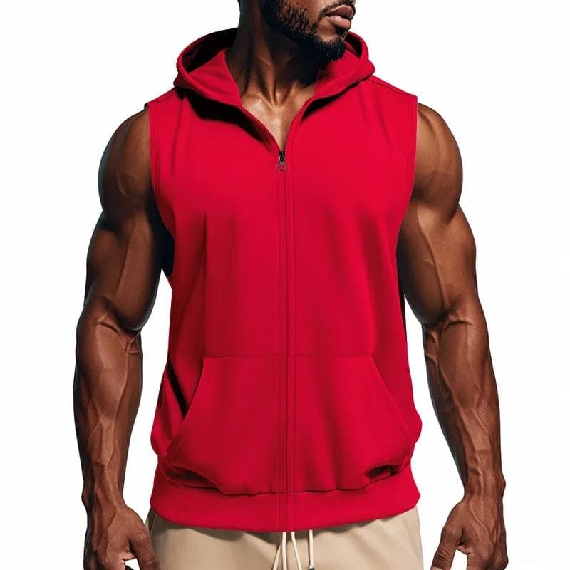 Men's Summer Hooded Zipper Vest Casual Fitness Tank Top Trendy Open Cardigan Sports Vests M red