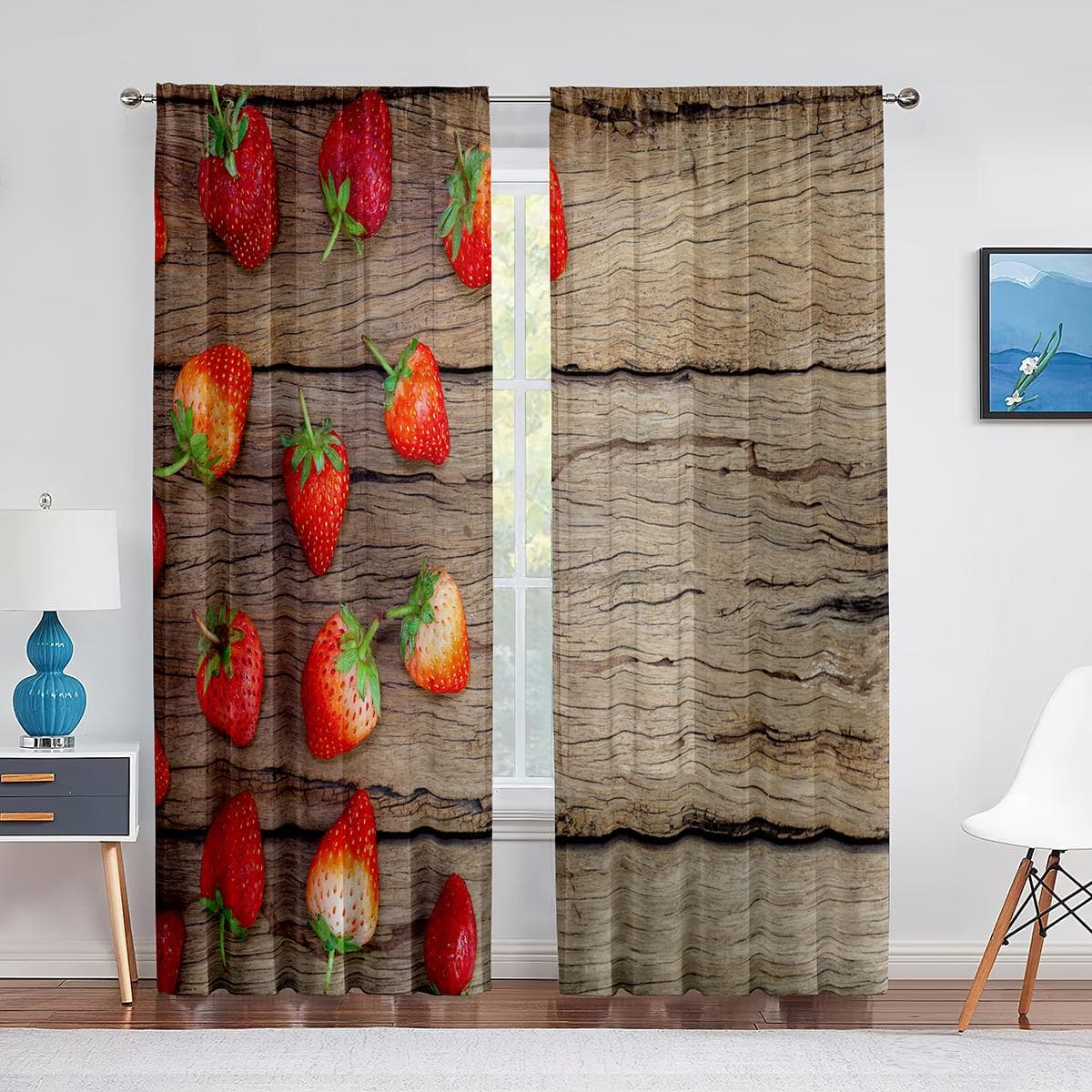 Delicious Big Strawberries on Red Background Sheer Voile Curtain Fruit Window Tulle Curtains for Living Room Bedroom Decoration 1 PCS W100XH250cm&Grommet Top