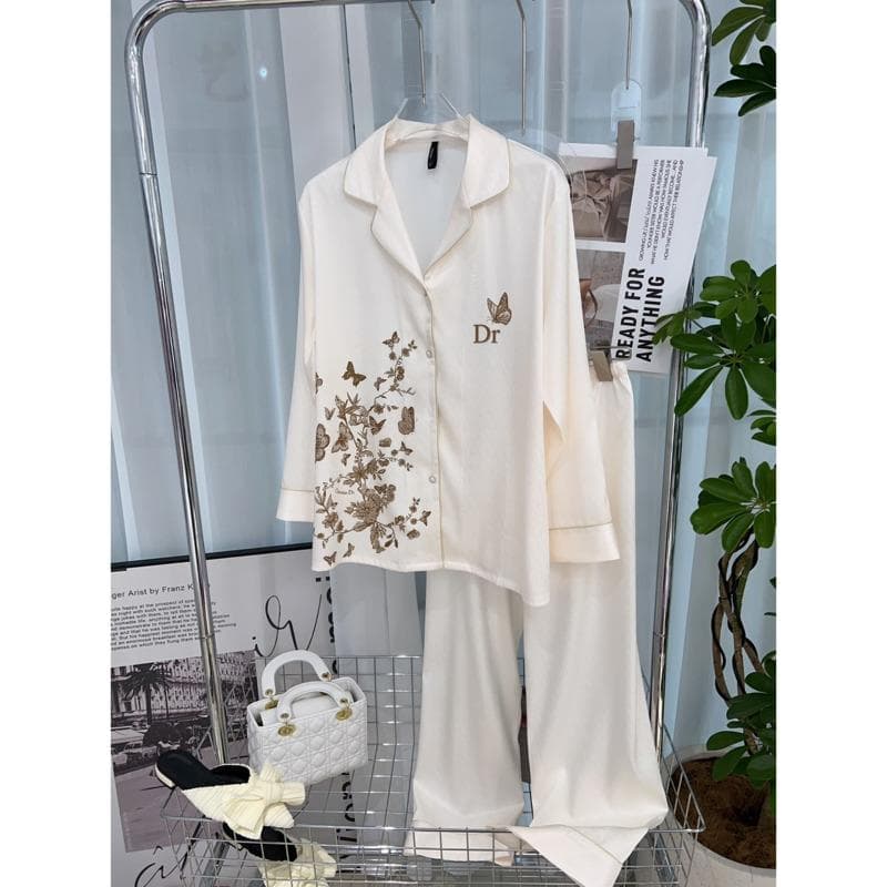 Butterfly Print Design Style Women's Pajamas Herringbone Ice Silk Pajamas Set Breathable Soft Satin XL