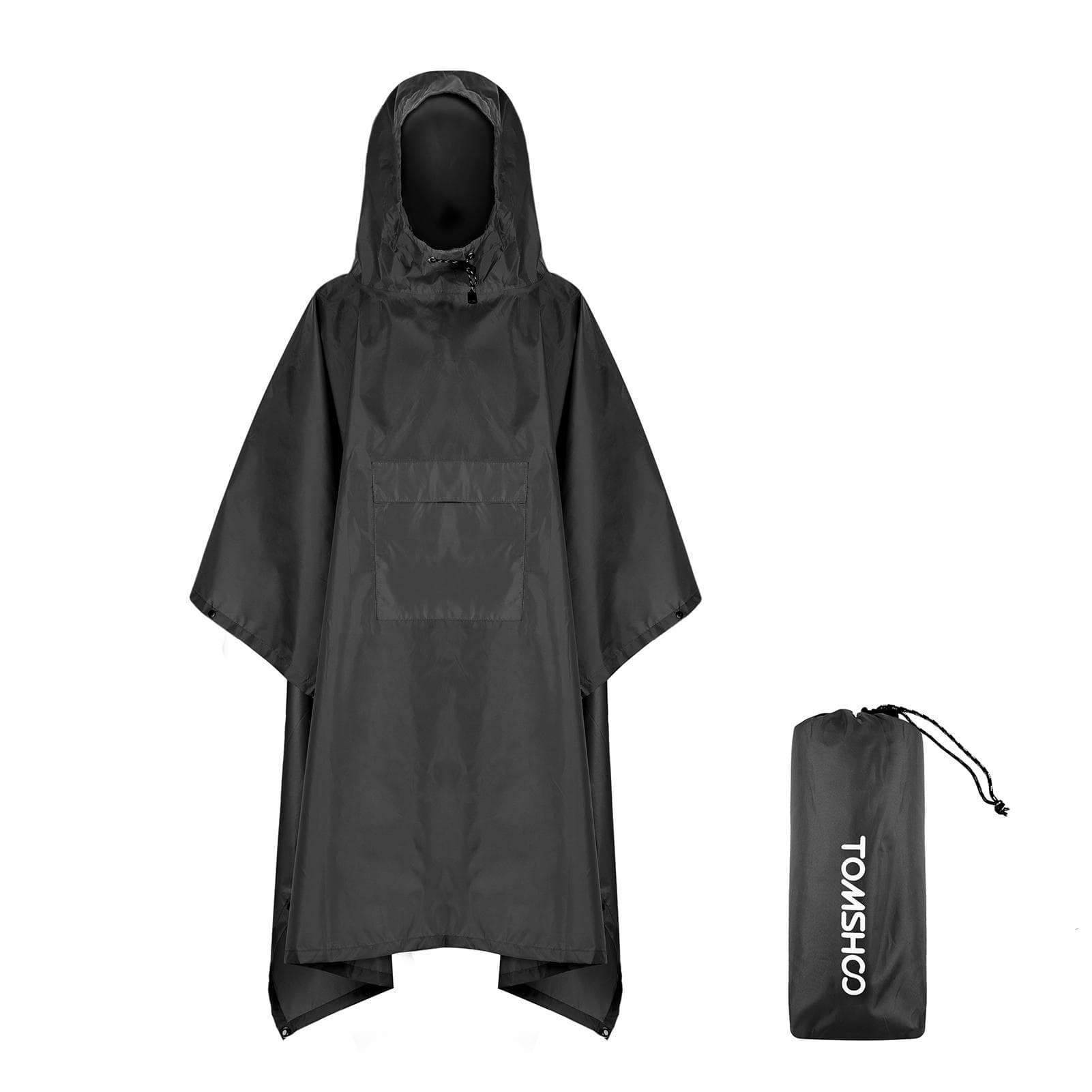 TOMSHOO Hooded Rain Poncho with Pocket Lightweight Waterproof Rain Coat Jacket Sun Shelter for Men black