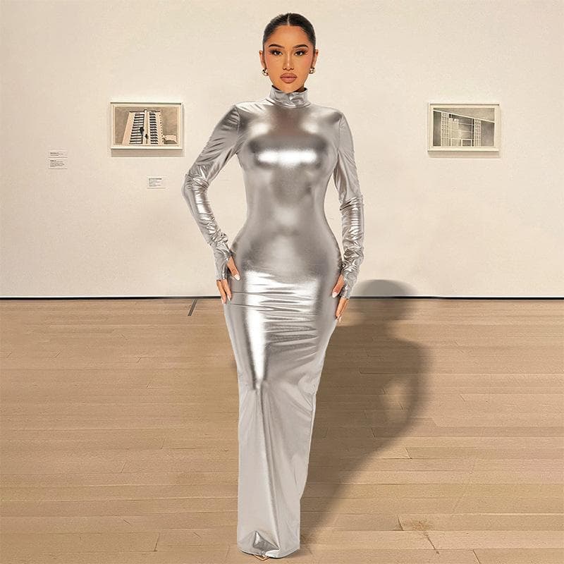 New Autumn and Winter Metallic Sexy Backless Tight Slim Slim Dress for Women S