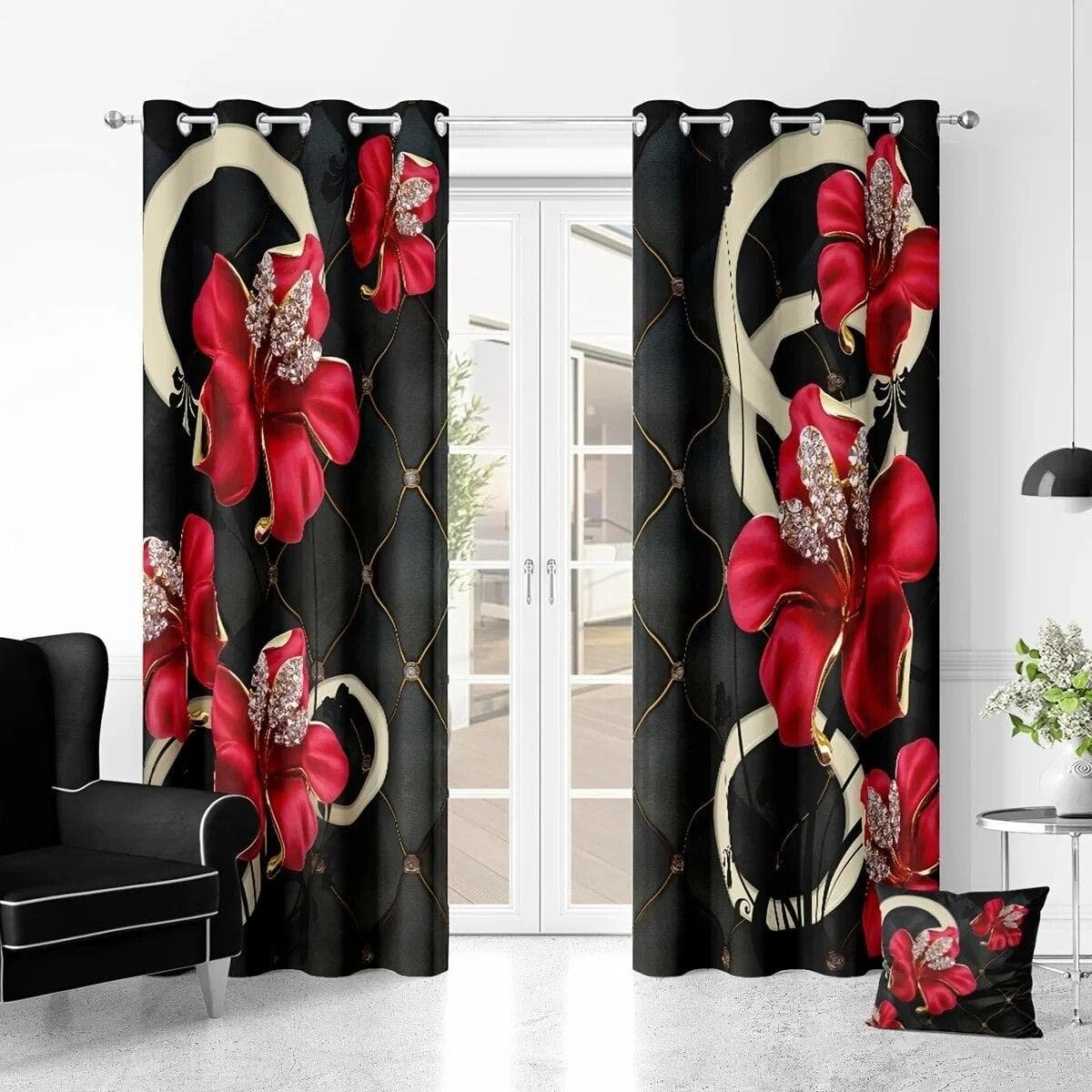 2pcs Golden Peacock Curtain Study Room Kitchen Living Room Dorm Rod Pocket Top Window Drapes Bedroom Accessories Home Decor W50xH130(CM)x2PCS-Grommet Top