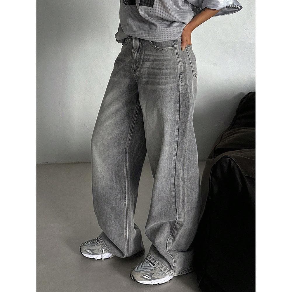 Retro Washable Old Jeans for Women In Spring and Autumn New High-waist Loose Drape Floor-moving Trousers 3XL