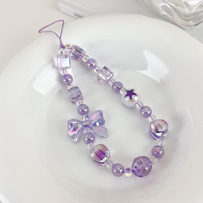 Sweet Candy Color Mobile Phone Chain Cute Bow Beaded Cellphone Pendant Charms Women Cell Phone Case Anti-loss Lanyard Jewelry purple