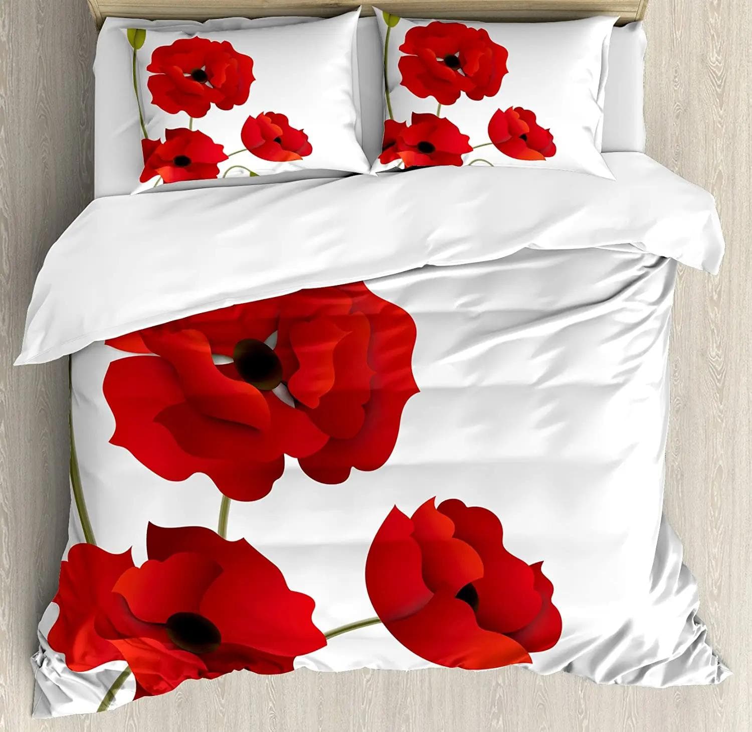 Floral Bedding Set Comforter Duvet Cover Pillow Shams Poppies of Spring Season Pastoral Flowers Bot Bedding Cover Double Bed Set EU Double(200x200cm)