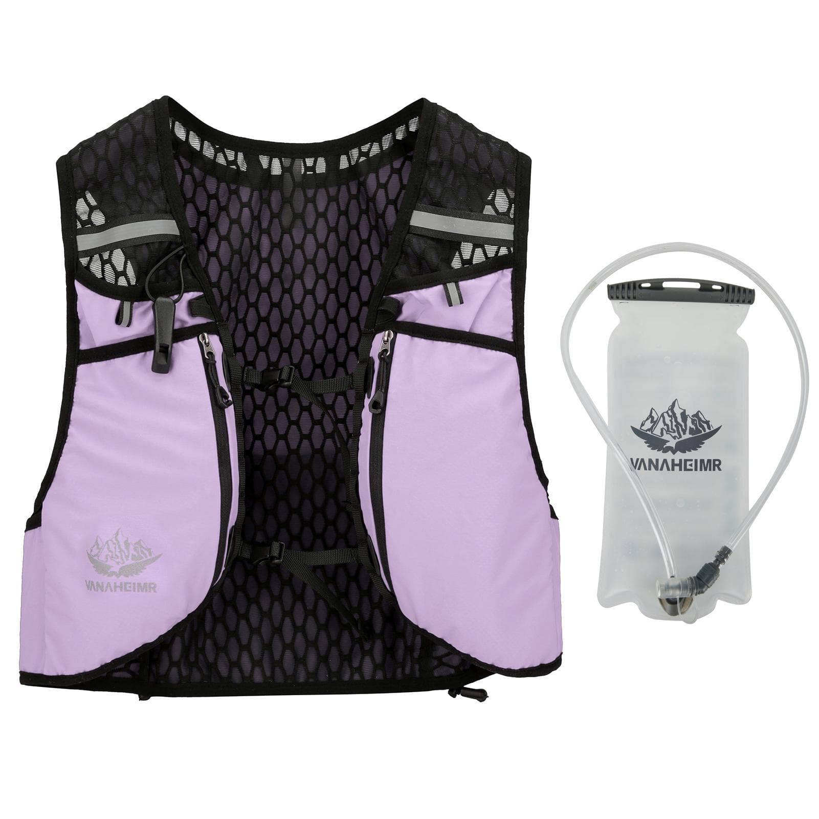 VANAHEIMR Running Vest with Hydration Bag Adjustable Universal Hydration Vest for Women and Men 2L White Water Bag purple