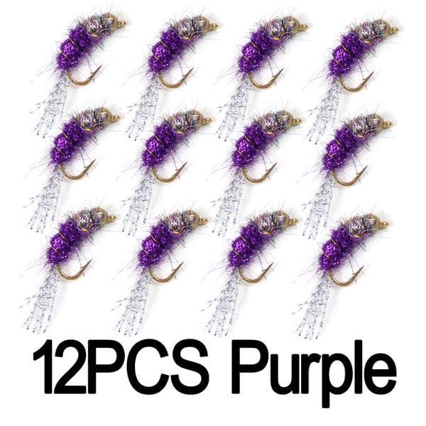 12PCS #12 Bead Head Nymphs Pink Blue Pearl Olive Purple Trout Fishing Nymph Flies #12 purple