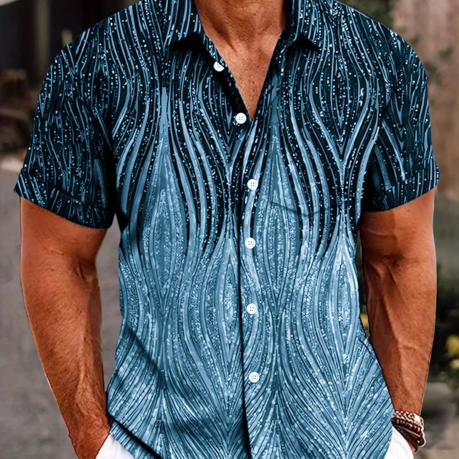 Fashionable retro texture gradient printed men's button pocket short sleeved shirt 5XL