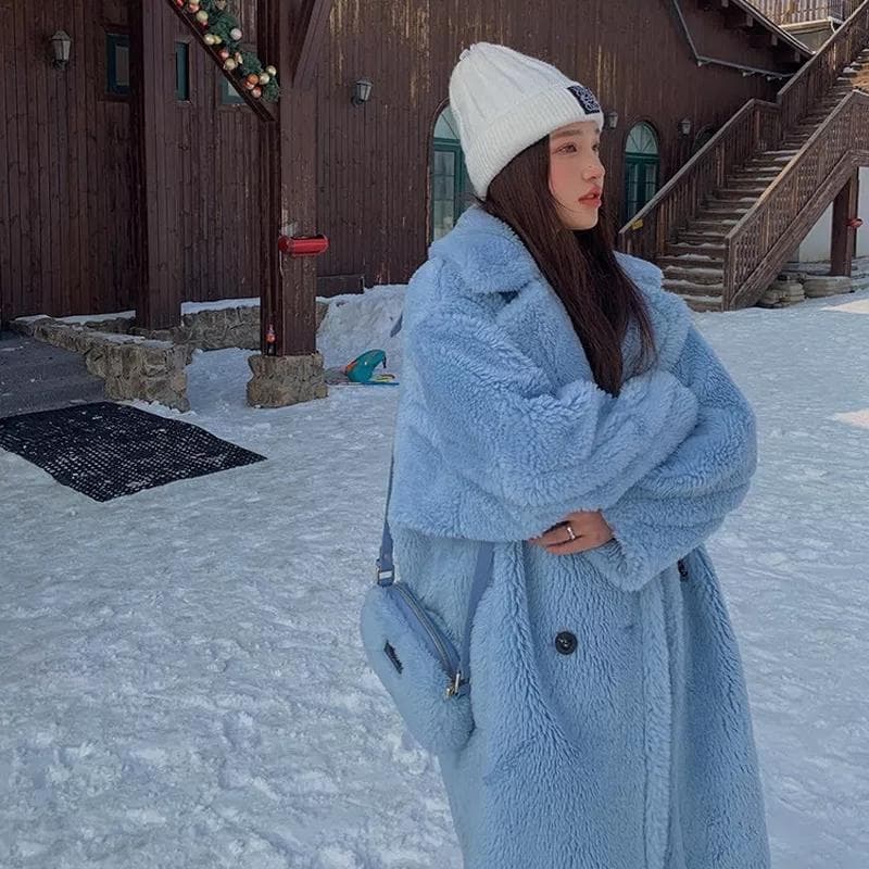 Long Teddy Bear Jacket Coat Women Winter Thick Warm Oversized Chunky Outerwear Overcoat Women Faux Lambswool Fur Coats XXL light blue
