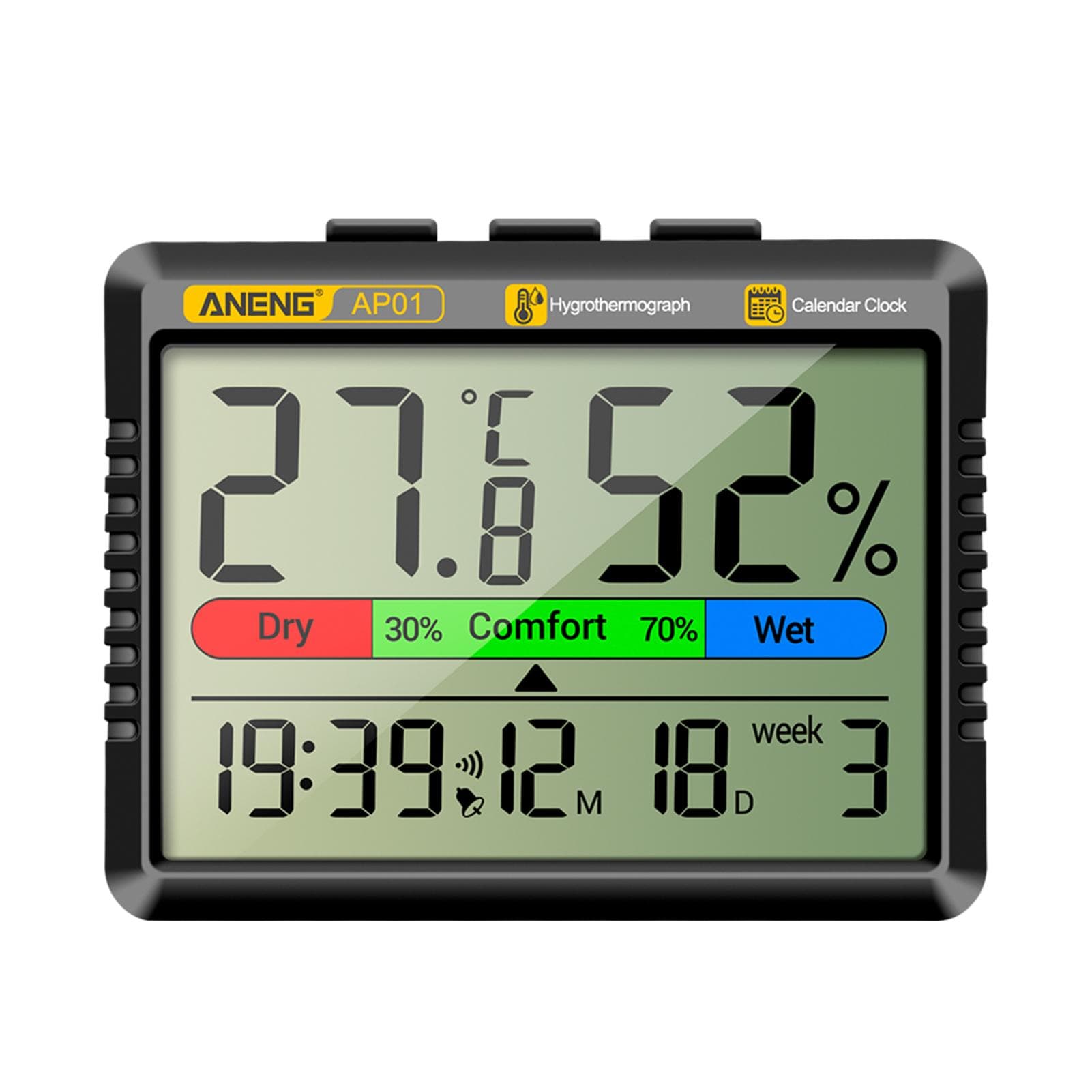 Thermometer Hygrometer Multifunctional Rechargeable Temperature Humidity Meter Alarm Clock Function type 1 No battery black