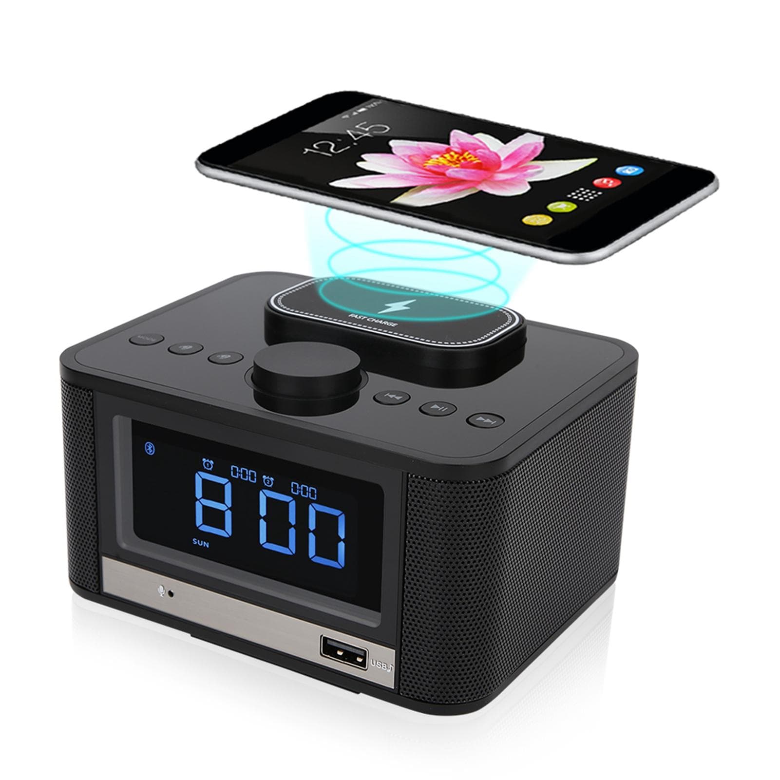 Bluetooth Speaker Player Radio Wireless Charging Digital Alarm Clock US Plug black