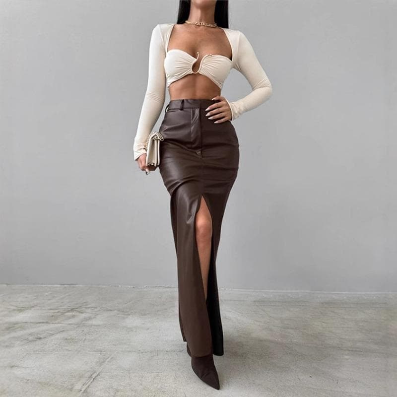 Women's Leather Design Slit Solid Color High-waist Simple Leather Slim Skirt L brown