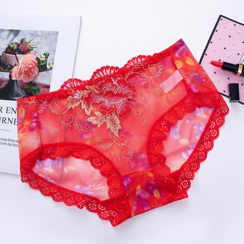 Lace Underwear Sexy Medium Waist Breathable Mesh Embroidery Hollow Large Size Transparent Ladies Underwear XL red