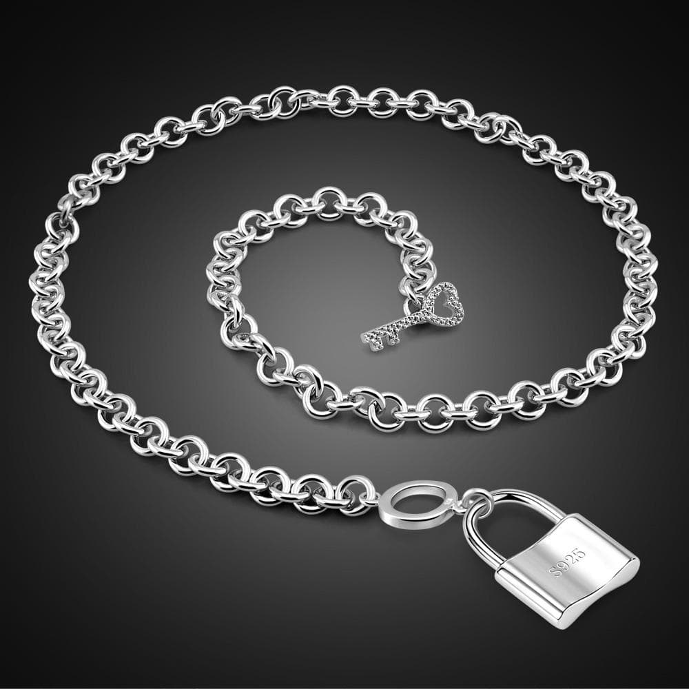 Genuine 100% 925 Sterling Silver Lock Pendant Necklaces New Women Fashion Punk Charm Choker Fine Jewellery Gift 45