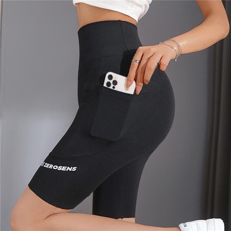 Women's Yoga Pants High Waist Fitness Fifth Pants Ladies Pocket Sport Leggings M black
