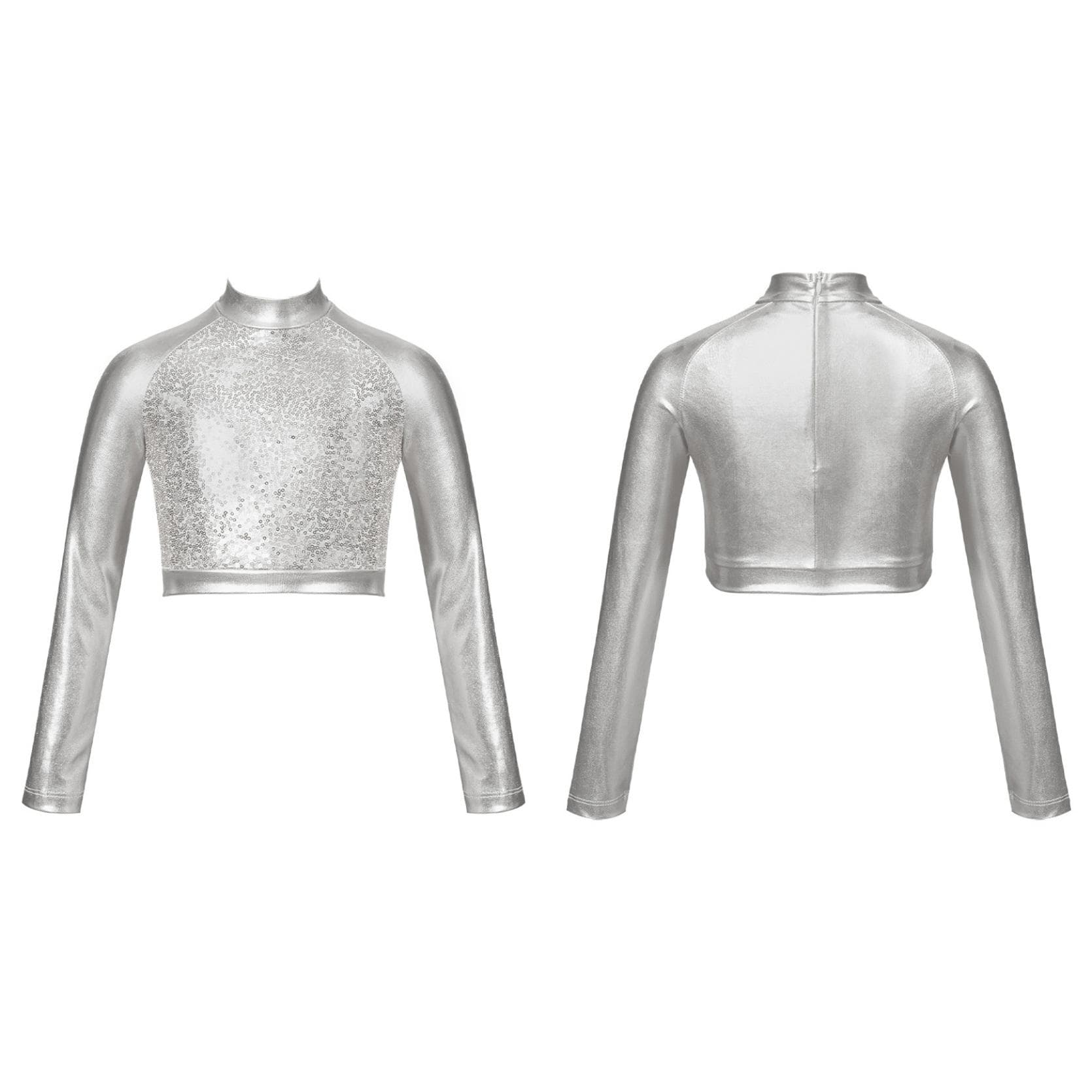 Kids Girls High Neck Glitter Crop Top Metallic Long Sleeve T-Shirt Ballet Dance Leotard Gymnastics Performance 15-16 Years silver