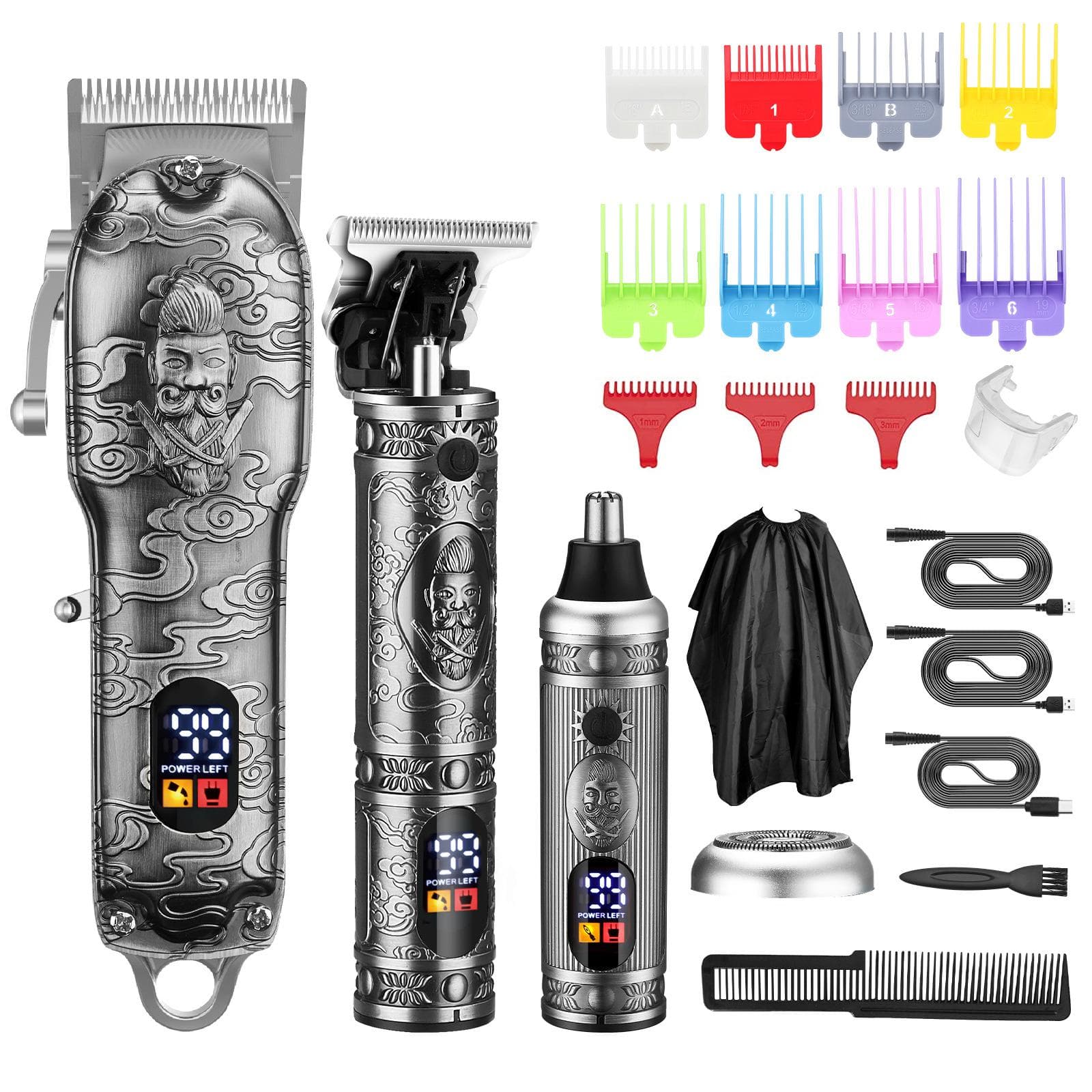 3 in 1 Full Metal Oil Head Hair Clippers Digital Display Electric Hair Trimmer Sculpting Pusher silver