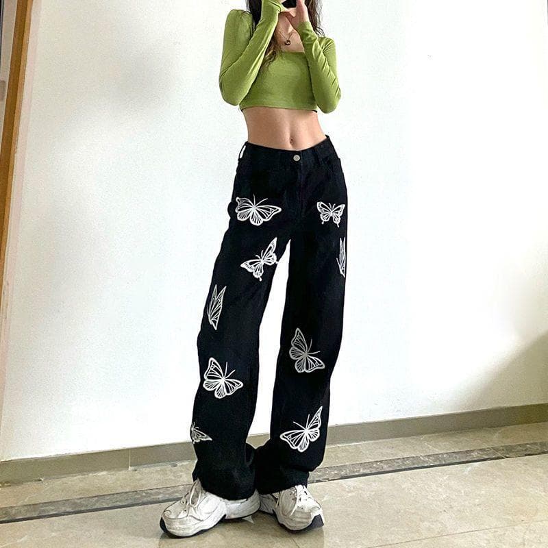 Butterfly Personalized Printed Jeans for Women, Retro Loose and Versatile, Black Straight Leg Pants XL black