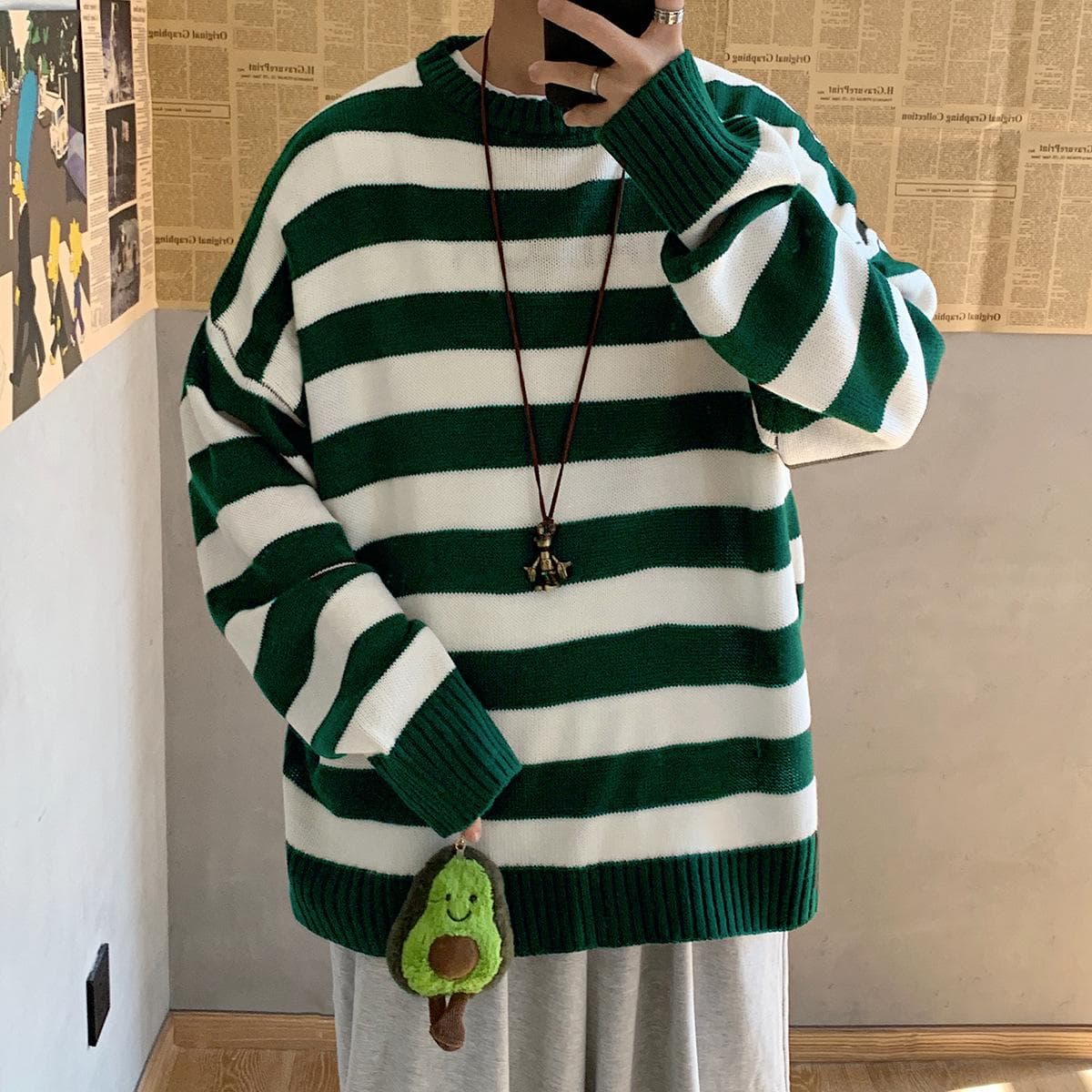 Autumn and Winter Men's Casual Fashion Striped Sweater Loose Round Neck Couple Knit Sweater XL green/white