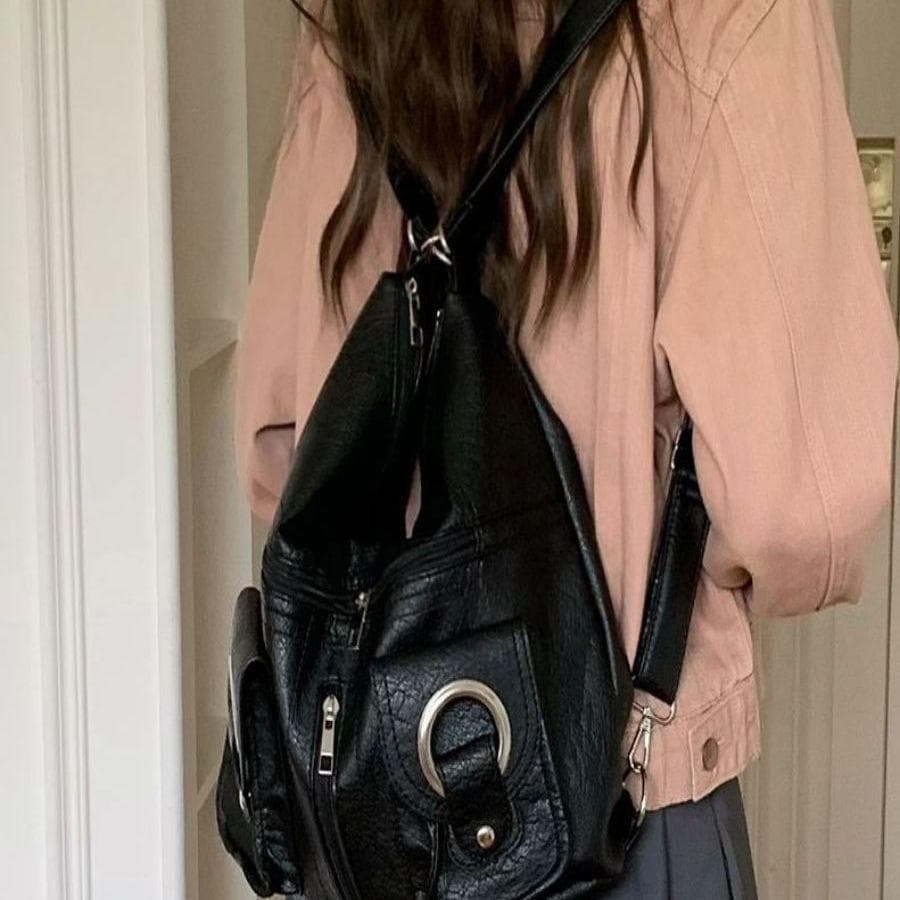 Simple, Individual, Versatile and Fashionable, Zipper Pocket, PU Leather Tote Bag, Single-shoulder Bag, Commuting Large-capacity Backpack black