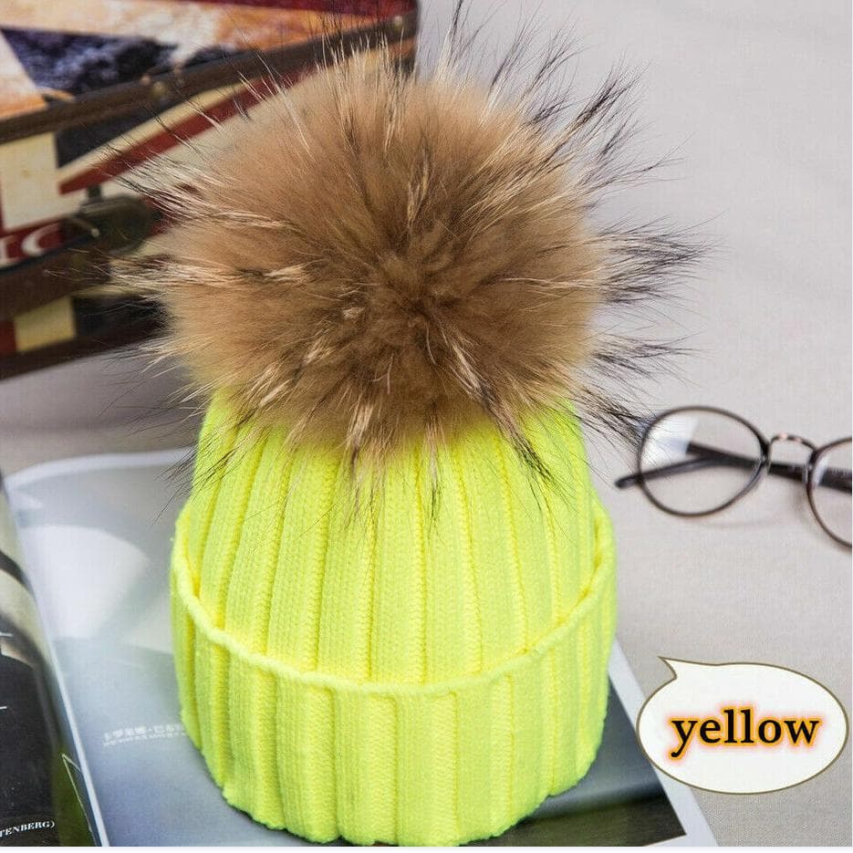 2023Hot Women Winter Racoon Fur Pom Pom 15cm Ball Knit Beanie Ski Cap Bobble Hat yellow