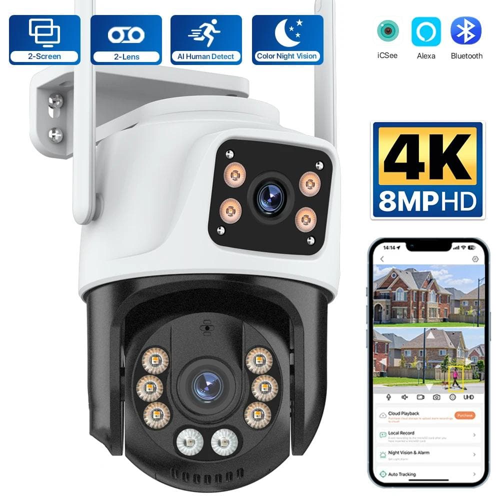 2024 New Outdoor PTZ 8MP 4K Wifi Surveillance Camera Two Lens Security Waterproof Closed Circuit Surveillance AI Auto Tracking Camera ICsee APP UK Plug