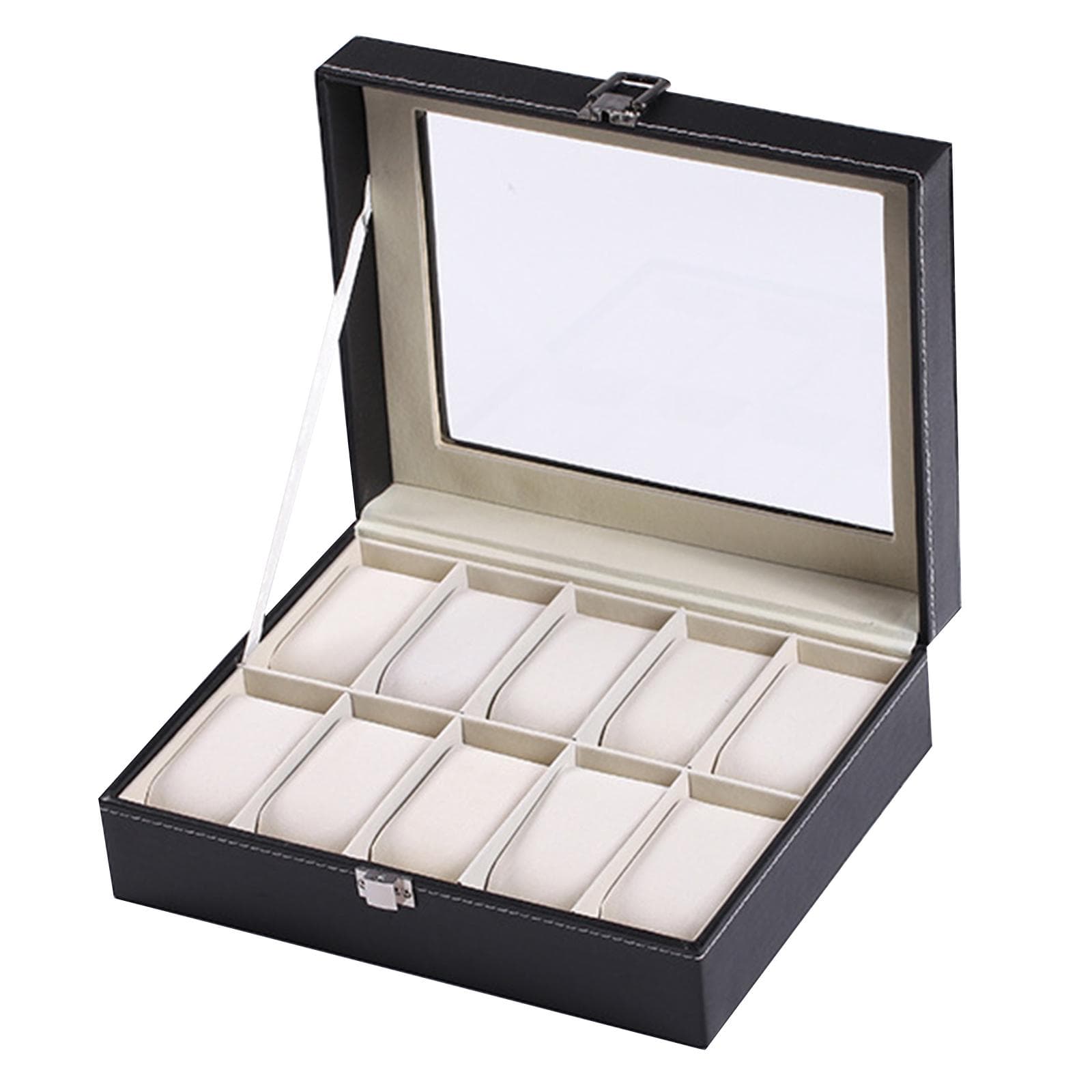 Watch Storage Box 10 Slot Display Case Real Glass Organizer with Framed Glass Lid Elegant Contrast black