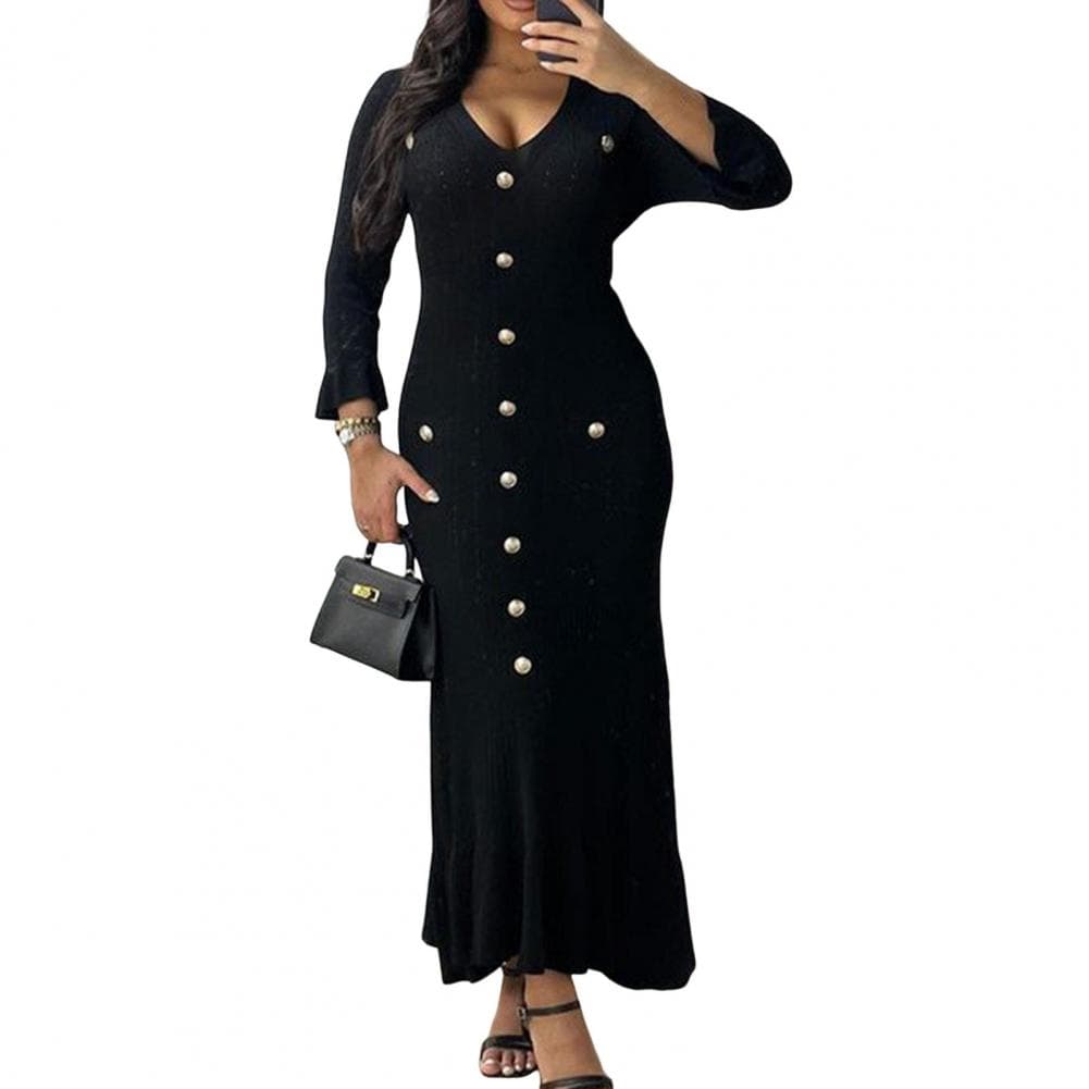 Bodycon Dress Elegant V Neck Knitted Maxi Dress with Button Decor Fishtail Hem Women's Slim Fit Patchwork Fall Dress for Spring L black
