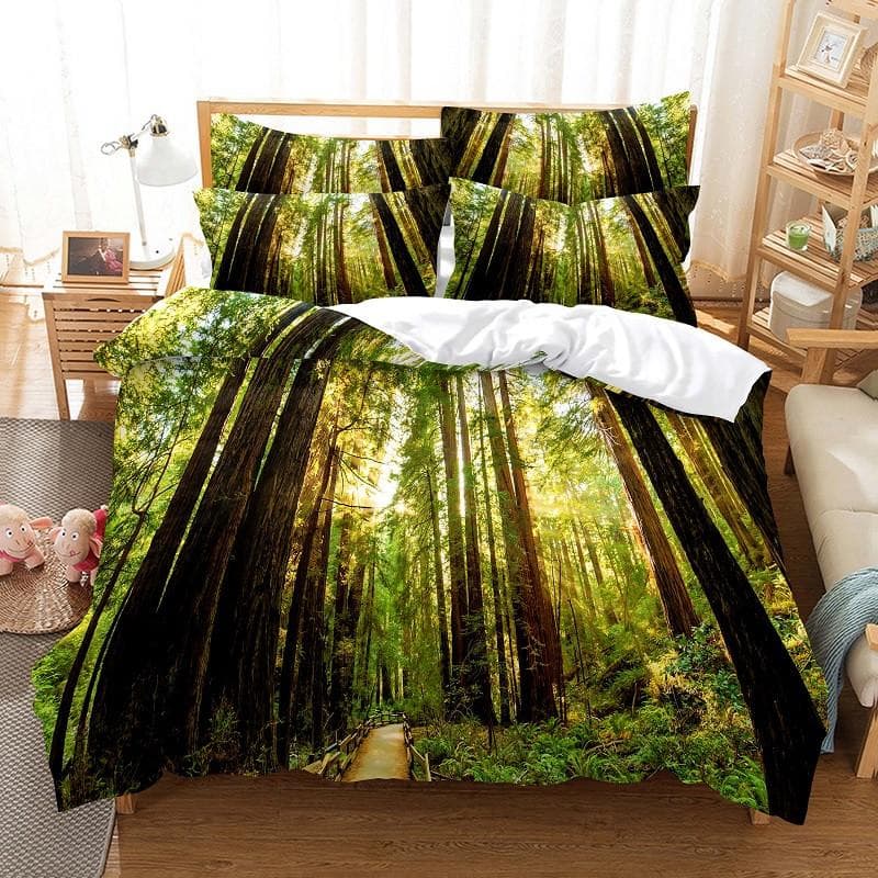 Modern Green Forest Landscape Digital Printing Bedding Set 3D Fashion Design Down Bed Cover Pillowcase 2-3 Pieces Home Textile AU Single(140x210cm)