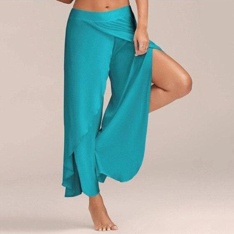 Casual Wide Leg Pants Female Loose Fitness Dance Split Summer Yoga Trousers Women Elastic Waist Workout Solid Clothing 21923 M blue