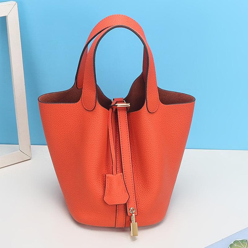 Small Genuine Leather Handbags For Women Designer Tote Bag Without Logo Natural Cowhide Ladies Basket Shopping Bags With Padlock S 22x18x21cm orange