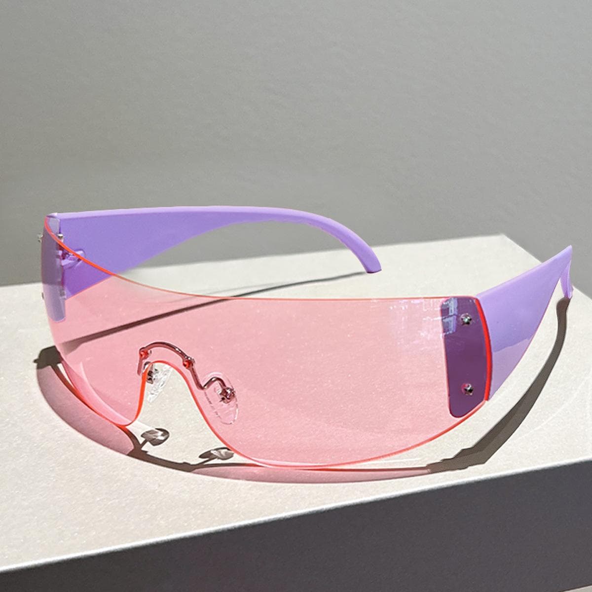 Y2K Rimless Designer Sunglasses Women Men One Piece Luxury Steampunk Pink Shades UV400 Protection