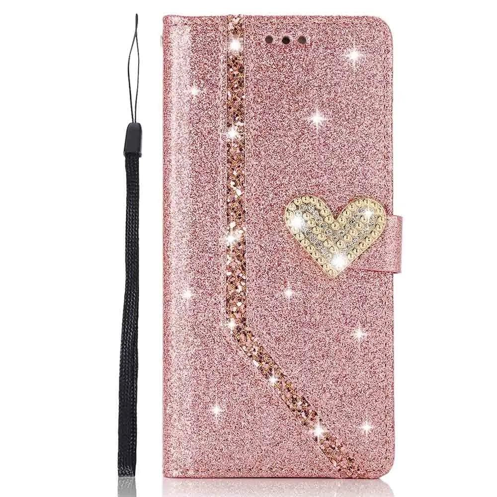 Luxury Bling Diamond PU Leather Flip Case Rhinestone 3D Love Heart Glitter Wallet Cover for iPhone Samsung Huawei Samsung A54 5G rose gold