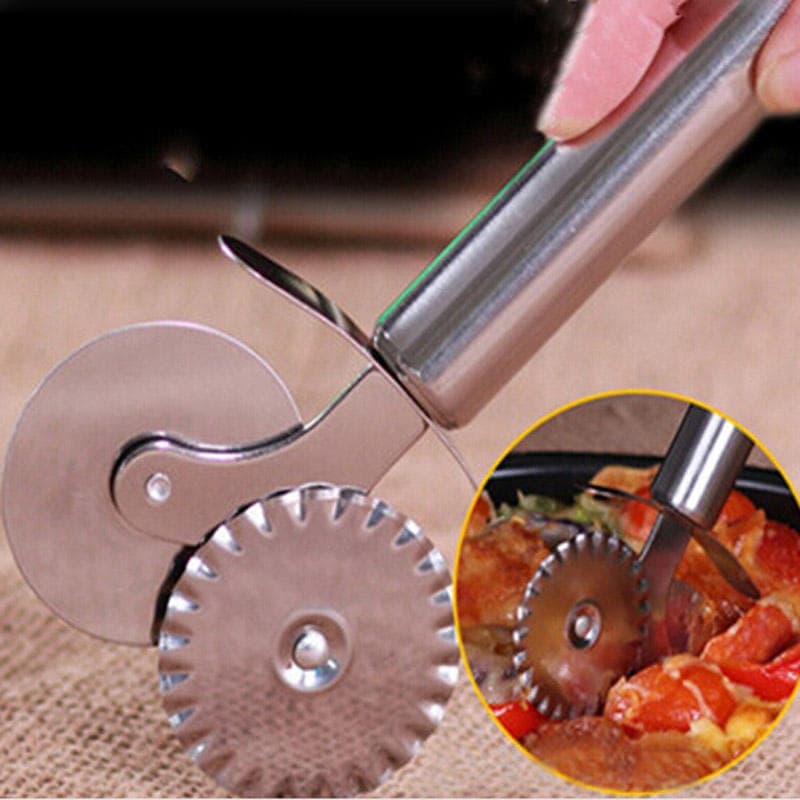 Double Roller Pizza Cutter Pastry Dough Crimper Round Hob Lace Wheel Knife silver