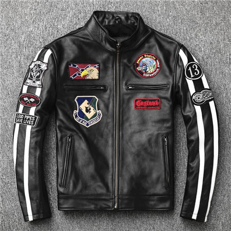 Embroidered Motorcycle Leather Jacket, Genuine Leather, Short Top Layer Cowhide Leather Jacket M black