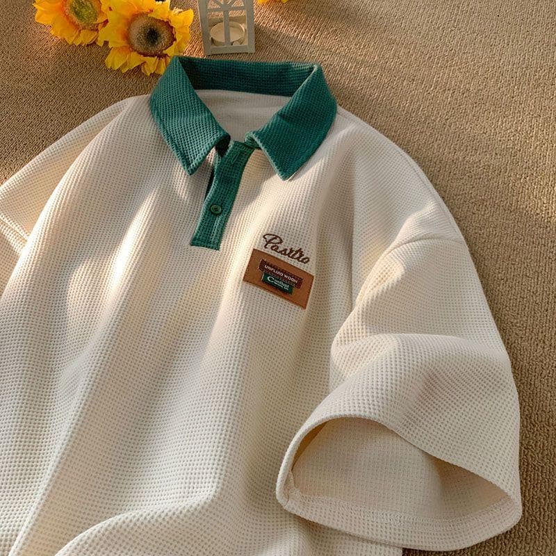 Hip Hop American Street Men Women Trendy Personality Polo Shirt Short Sleeved Summer Waffle Casual M beige