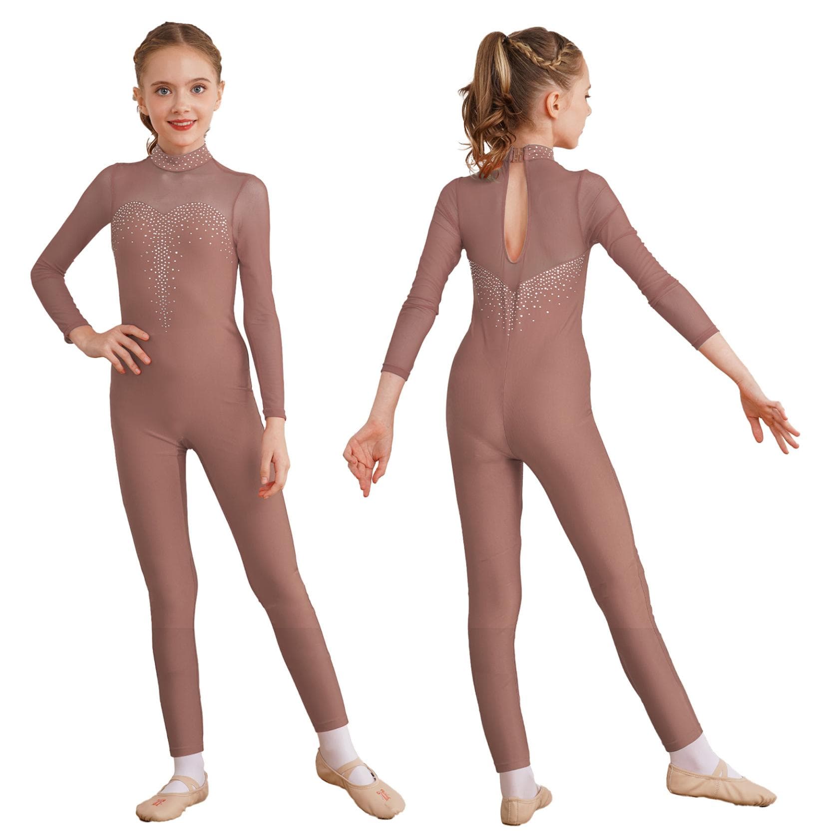 Kids Girls Figure Skating Unitard Shiny Rhinestone Jumpsuit Long Sleeve Bodysuit Gymnastics Dance Performance Costume 13-14 Years pink