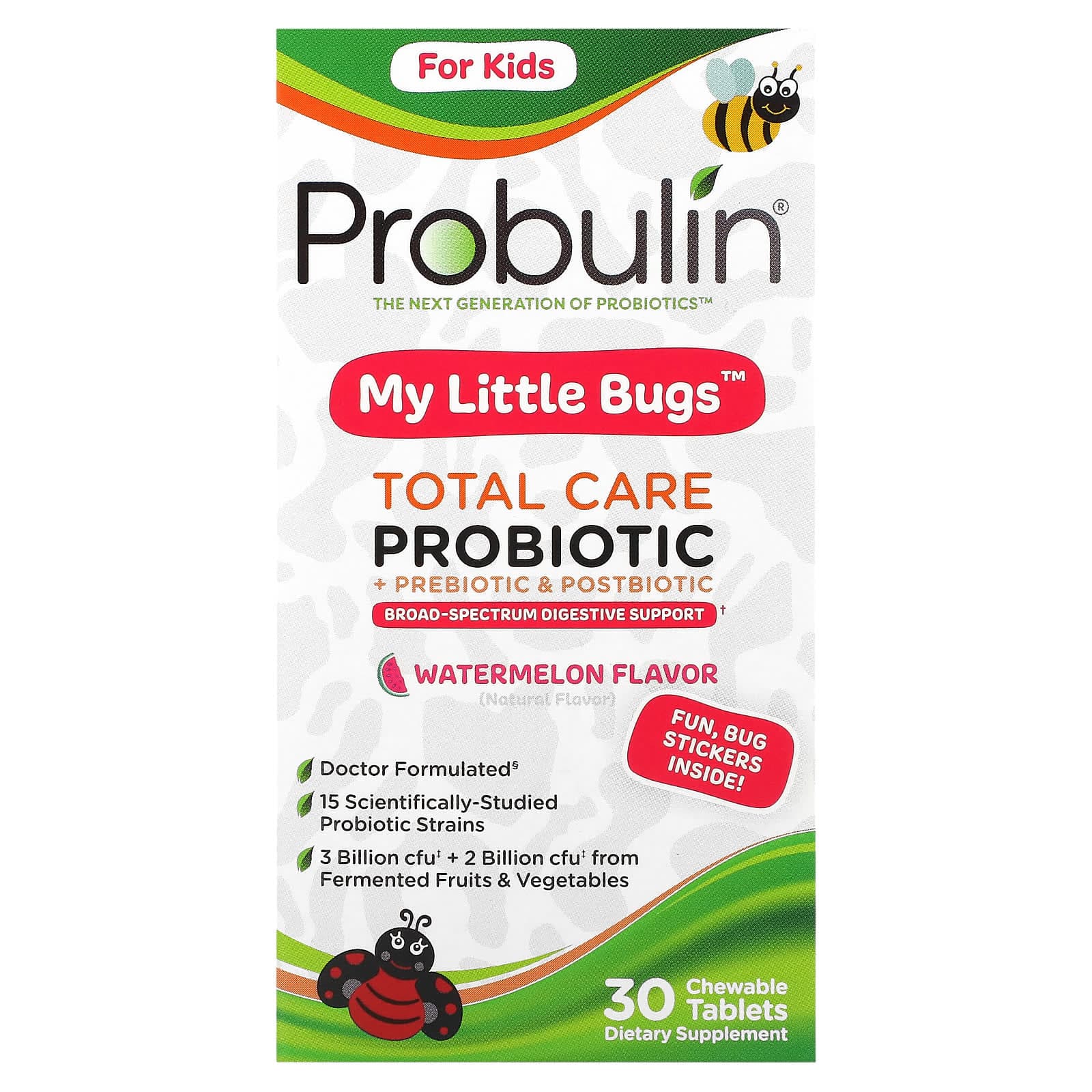 Probulin, for children, My Little Bugs, Total Care Probiotic + Prebiotic and Postbiotic, Watermelon Flavor, 30 Chewables