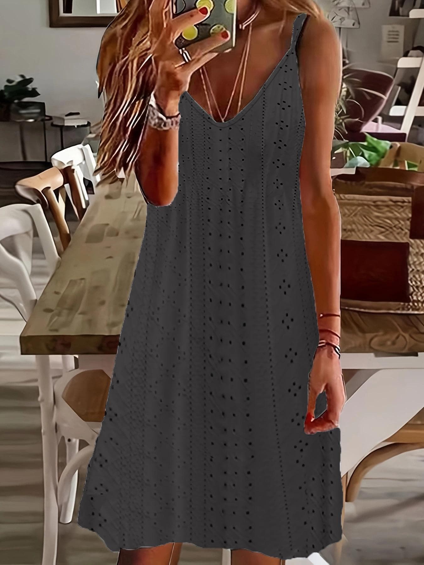 Women's Summer 2024 Hollow Jacquard V-Neck Solid Color Dress XL black