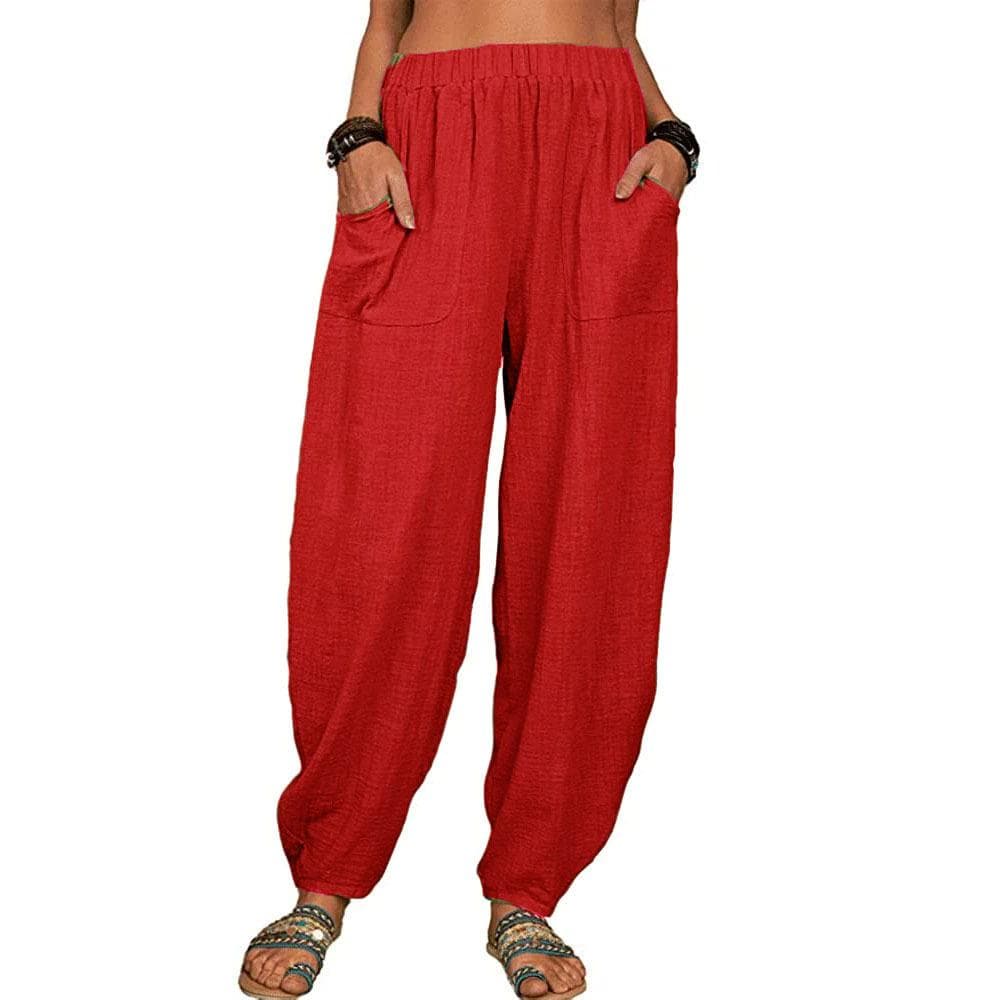 Women's Harem Pants Summer Casual Retro Large Size Cotton and Linen Pants Elastic Waist Wide Leg Pants Home Pants L watermelon red