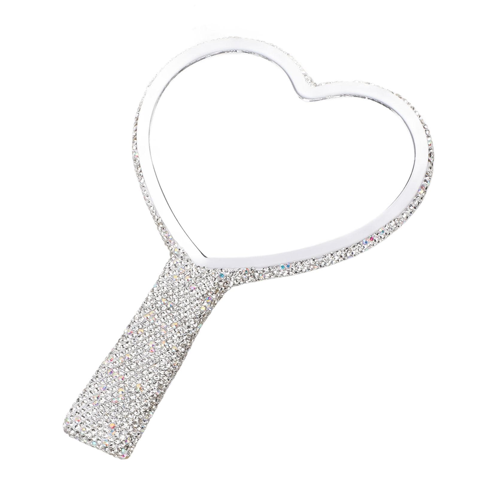 White Handheld Rhinestone Mirror High Definition Portable Cute Heart Shaped Mirror with Handle for