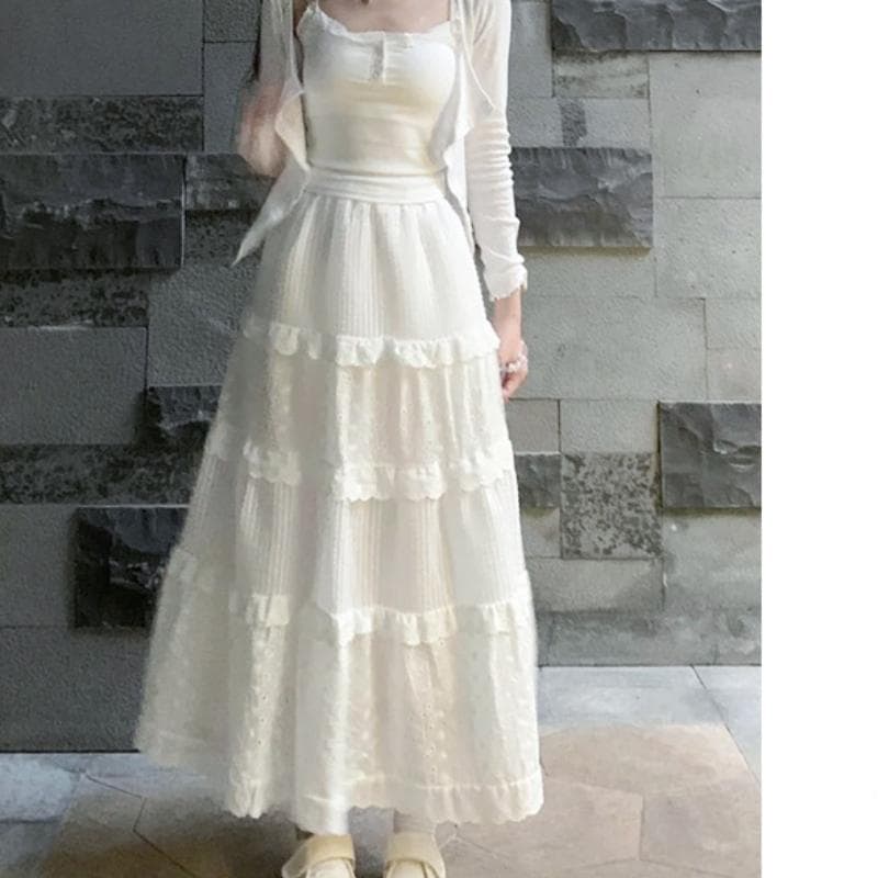 White Cake Skirt for Women In Spring and Autumn New High-waisted A-line Ballet Style Small Summer Lace Long Skirt XL