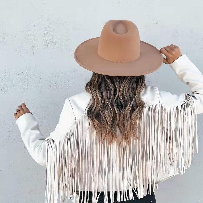 Women's Deerskin Jacket Lapel Fringe Short Coat Leather Coat S white