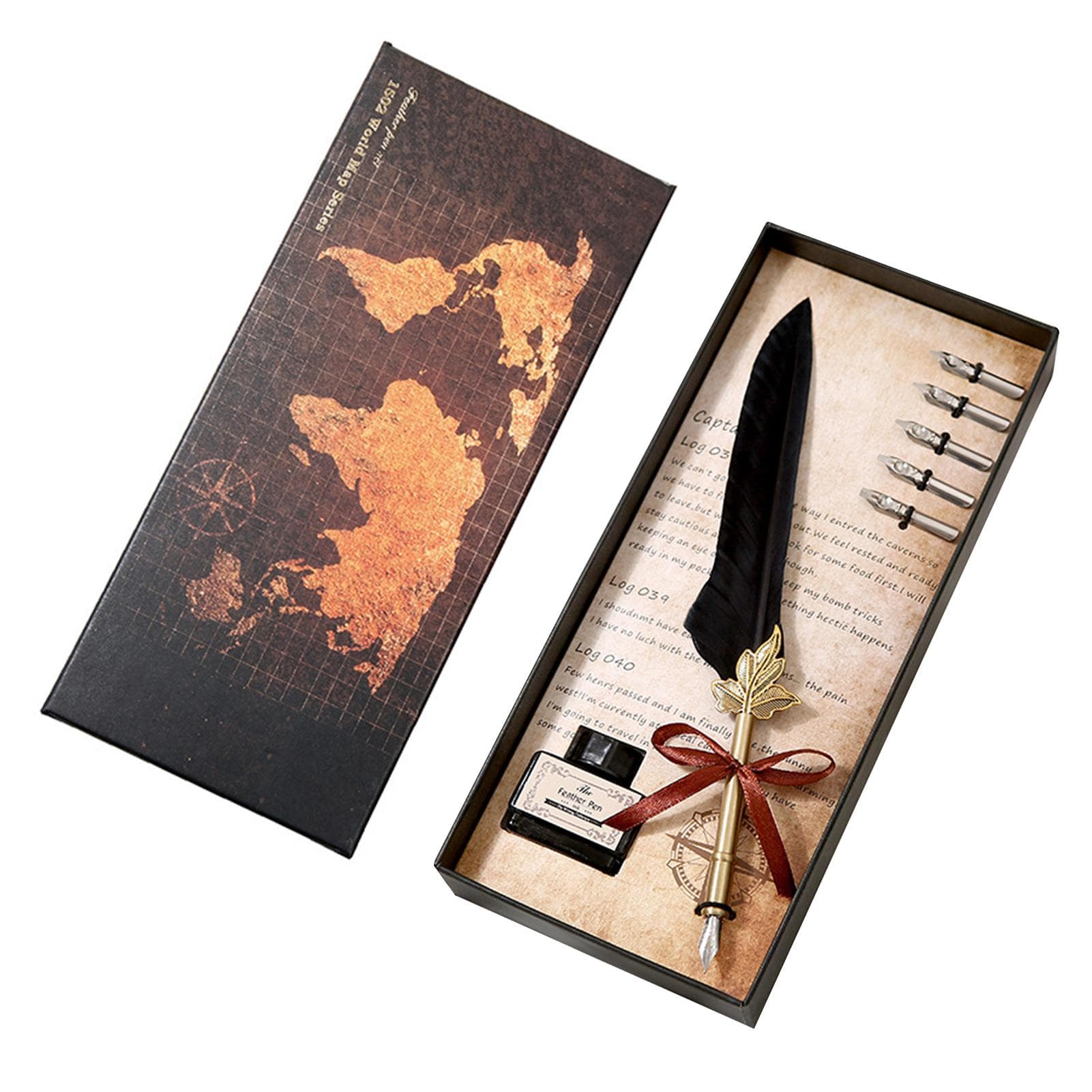 Quill Pen and Ink Set Feather Fountain Dip Pen with Replacement Nibs Calligraphy Writing Vintage black